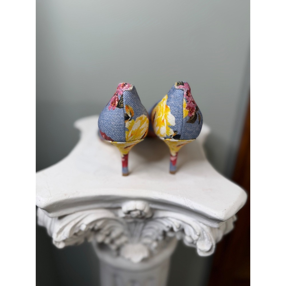 Nine West Floral Denim Pointed Toe Pumps Light Blue Yellow Stiletto Heels 6.5M - Picture 5 of 7